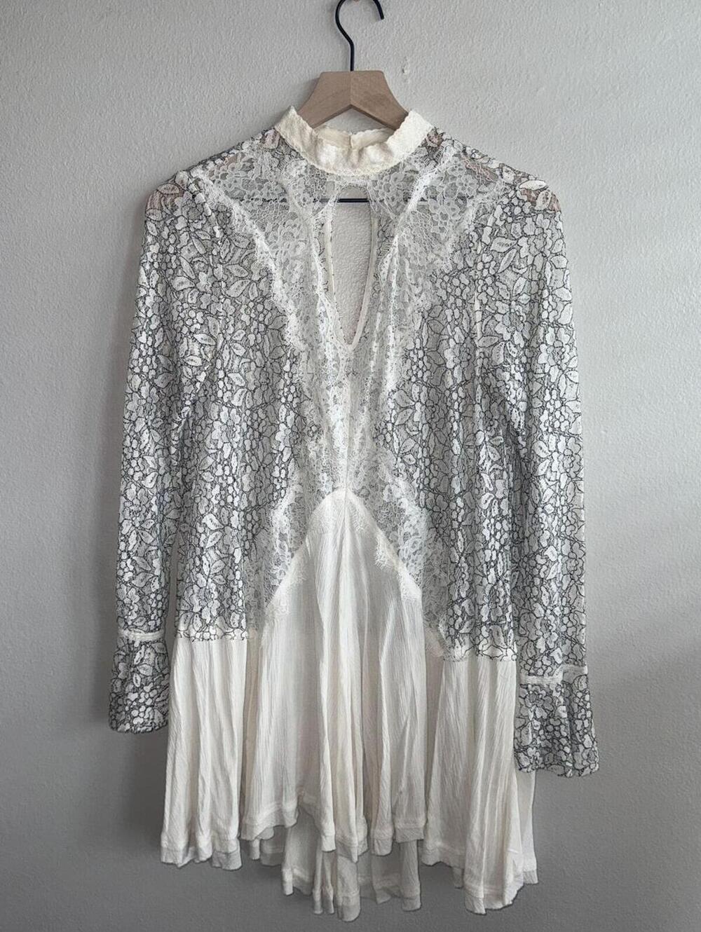 Free People Tell Tale Tunic Small Ivory Lace Boho Mini Dress Festival Top